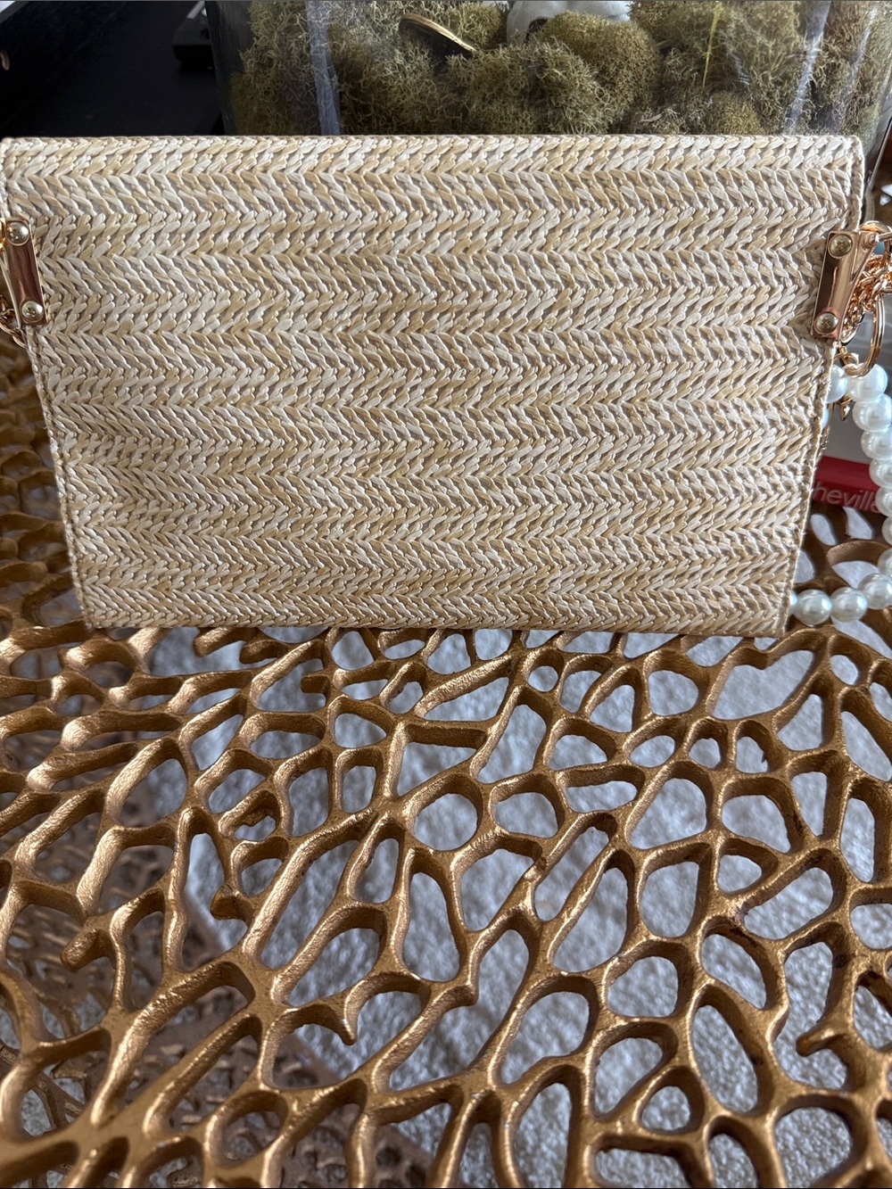 Dior Beige Raffia Clutch with Pearl Chain and Pearl Key Holder. - Picture 3 of 6
